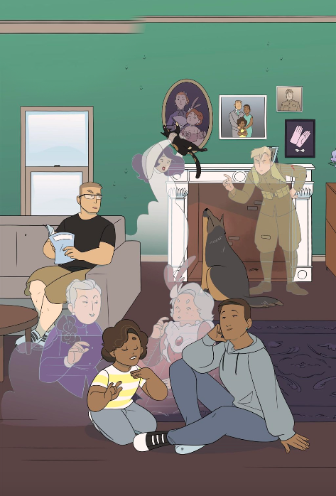 Large panel from the comic, featuring Willow and her mother in the foreground on the floor, the old lady ghosts hovering mischievously behind them, Willow's dad on the couch looking as if he sensed something, and the german shepard and ghost soldier, looking at the ghost widow woman who's holding up the cat. They're all in front of a mantel, with Willow's family portrait joined by photos of all the ghosts as well.   