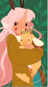 Illustration of Minette holding tea dragon Chamomile