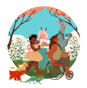 A keyhole illustration of all of the characters and tea dragons on their way to a picnic. 