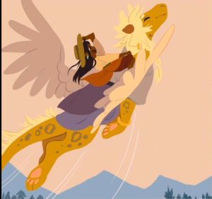 A small panel of Rinn riding Aehan straight into the pink sky, with mountains in the background, their expressions triumphant. 