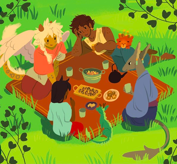 A picnic scene: Hesekiel, Erik, Rinn, and Aedhan sit on an orange blanket on lush green grass, with snacks and a tea pot in the center. Tea dragons Rooibos and Jasmine hover at the periphery. 