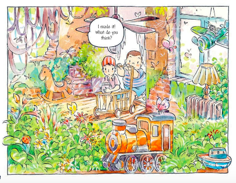 Panel from the comic, featuring a lush garden with toy train, rocking horse, lamp, and toy plane. Yu'er's friend pushes her in a cart into the space, saying "I made it! What do you think?"