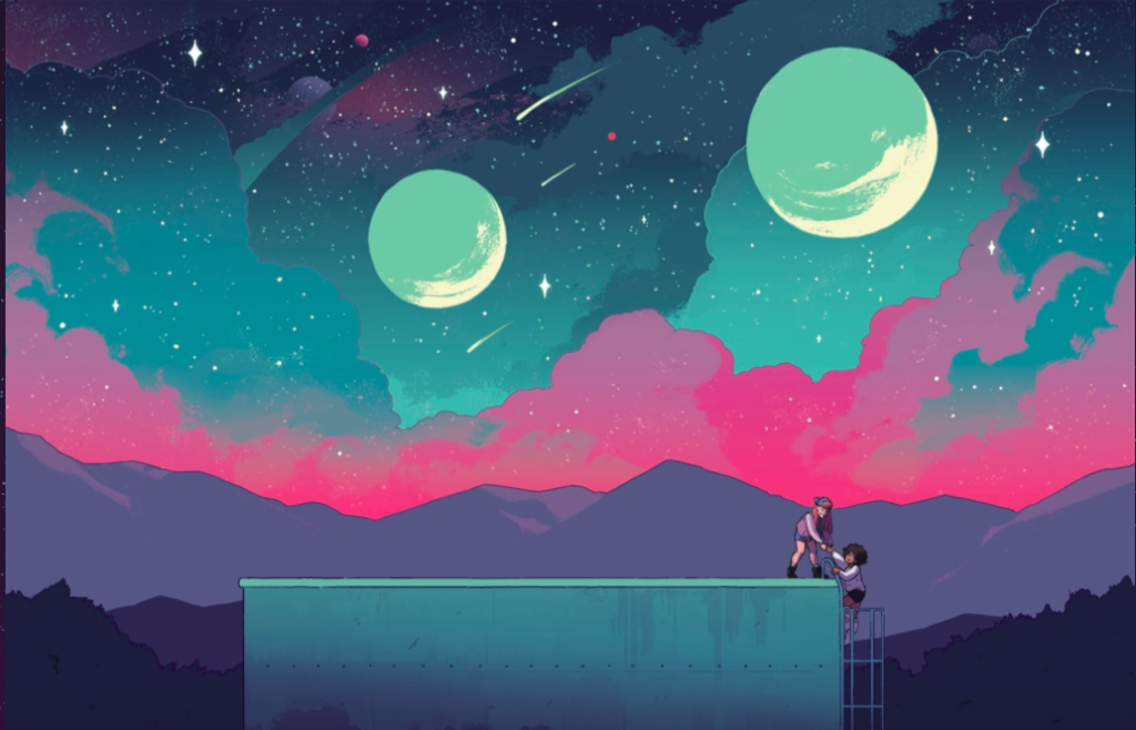 panel from "Cosmoknights" with a large skyscape, featuring dual moons. In the foreground is a flat metal roof, with very small femme figures climbing on it via a ladder. 