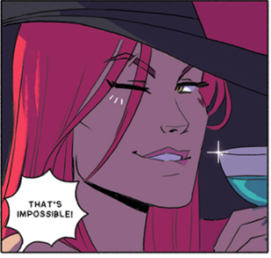 Panel from "Cosmoknights," with a close-up on a redheaded woman, wearing a fedora. She's winking and biting her lip, and a character off-panel is saying "That's impossible!"