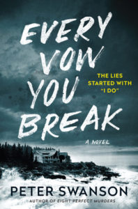 cover of "Every Vow you Break," with title in bold white font over a stormy sky. At the bottom is an image of a fancy white hotel on an ocean-surging coast, with pine trees in the background. The tagline reads (in yellow): "The lies started with 'I do'"
