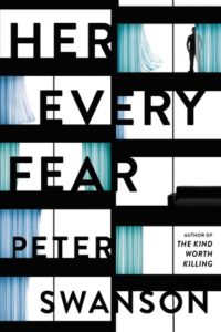 Cover of 'Her Every Fear,' featuring the title in black text, chopped up, over a series of windows with sheer blinds. The image is split down the middle, and in the upper right corner a person stands in silhouette