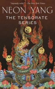 cover of "The Tensorate Series," featuring a red background with a green and brown serpentine creature wrapping around a small blue and red building, with red flames bursting all around and 3 golden balls hovering in mid-air