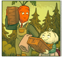 Panel from the comic, featuring Carrot smiling down at Garlic as they carry crates