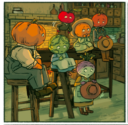 Panel from the comic, featuring animated vegetables in clothing seated and looking worried, including a pumpkin wearing overalls in the foreground