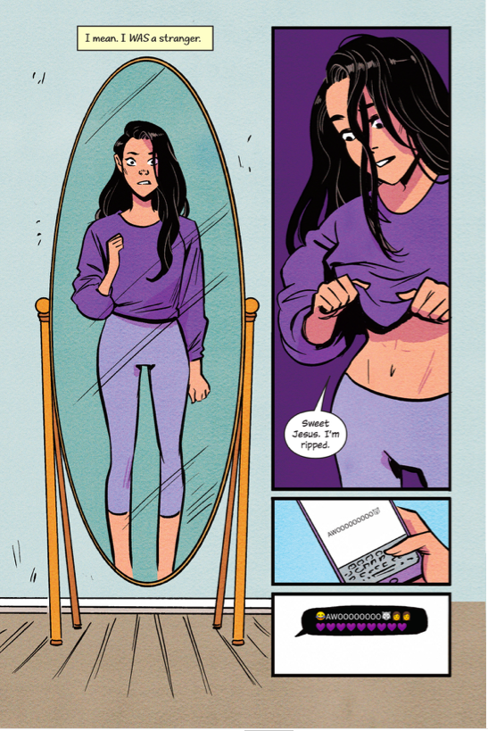 page from Squad, fearing our protagonist in front of a mirror, thinking "I mean, I WAS a Stranger," and saying "Sweet Jesus, I'm ripped."
