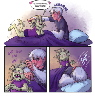 3 panels from the comic, featuring the baby Cthulu Maggie on the Yeti boy's bed. She wakes him up saying "Good morning sleepyhead!" as he says "Grrrmph..." In the 2nd panel, he extracts his arm from her tentacles while she says "Ow, ow ow," and in the 3rd panel he tries to go back to sleep wile she looks on forlornly.