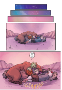 A whole-page spread from the comic, featuring a zoom in from the sky on all the kids sleeping in a big pile outside in the desert, with the were-bear kid protecting them all as a bear. The final panel has Maggie waking them all up by shouting "Rise and Shine!"