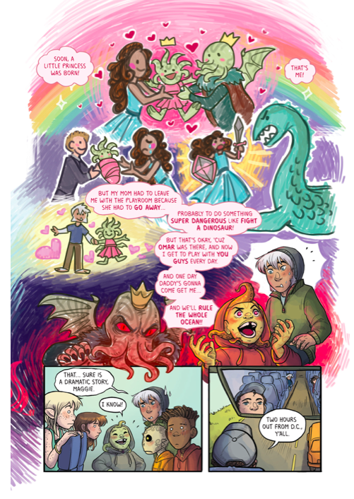An extended page from the comic, featuring Maggie's story of her ancestry, and how she is Cthulu's daughter. The panels with her story are in a kids'-style drawing.
