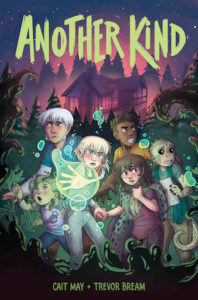 Cover of "Another Kind" featuring the title in lime green font at the top, over an illustration of all the kids from the book (a reptilian kid, a Black masc. teen, a white-haired Yeti teen, a blonde girl at the center casting a spell or bubble, a brunette Selki with her pelt around her shoulders, and a much younger tentacle-haired girl) against the backdrop of a spooky mansion lit in purple and red. Around the side is a black tar or oil-like substance.