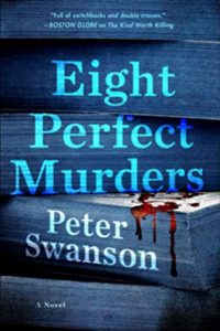 Cover of 'Eight Perfect Murders,' with the title in light blue font over a stack of 5 books, pages-out, dripping blood