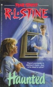 Cover of 'Haunted,' with the title in blue-green font at the bottom, and author R. L. Stine and series title "Fear Street" at the top in signature gothic-style red font. In the background is an illustration of a white, blonde girl in bed, clutching her covers, and in the background is a see-through white, brunette boy wearing a jean jacket (with popped collar) and jeans.