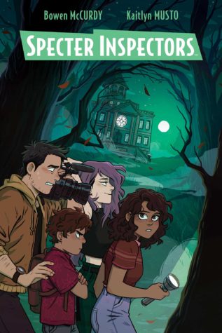 Cover of "Specter Inspectors," with an image from the comic of the 4 characters (Noa with darker skin, mid-length brown curly hair, a red T-shirt and jeans, holding a flashlight; behind her Gus, shorter with darker skin, a red button-up shirt and backpack, arms crossed and cranky-looking; behind them Astrid, with pale skin and purple hair and a black crop-top, looking smug; and at the back Ko the cameraman, with his camera, with pale skin, short dark hair, and a brown jacket, putting his hand on Gus's shoulder). In the background is a spooky house against a green sky and a full moon, surrounded by spooky trees whose branches frame it.