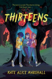 Cover of "Thirteens," with the title in yellow font at the top, over an illustration of 3 kids (a Black masc kid and 2 white femme kids, all in jeans and sweaters) walking furtively past a large tree. In the background lurk a wolf on the left and a man in a hat on the right