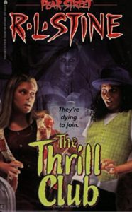 Cover of "The Thrill Club," with the title at the bottom in bold yellow font, over an illustration of 3 girls (one white with long blonde hair, one Black with a blue hat and yellow vest, and one dead and transparent in the center, wearing a veil and dress. The living girls look scared.)