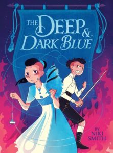 Cover of "The Deep & Dark Blue," with the title in light blue font at the top of an illustration of the central twins, one wearing a blue and white dress, one wearing a white shirt, black trousers, and carrying a sword. The background is purple and reddish pink, with flames leaping up to burn a blue tapestry in the background.