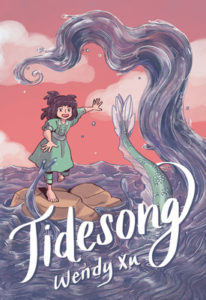 Cover of "Tidesong," with the title in white script font on the bottom, across an illustration of a young pale girl with brown hair and a green dress standing on a rock, in the middle of purple-tinted water, with a green sea-dragon's tail whipping up at her. The sky is pink with white clouds.