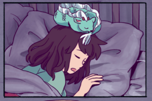Panel of Sophie sleeping with her small sea dragon curled on top of her head