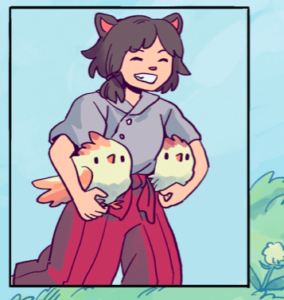 Panel of Sophie grinning, wearing a grey top and red pants, holding 2 bird-like creatures