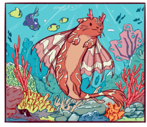 Panel of sea creatures, primarily a red-and-white cat-like sea creatures with horns and long side fins and paws