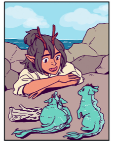 Panel from the comic of Lir, a medium-skin-toned person with dark hair and antlers, propped on some rocks smiling at 2 green tiny sea dragons 