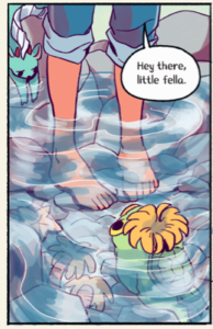 Panel of pale feet in water, with the speech bubble "Hey there, little fella." directed at a sea-anemone like green-and-yellow creature