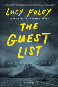 Cover of "The Guest List," featuring the title in bold yellow font against a stormy island landscape in blue tones