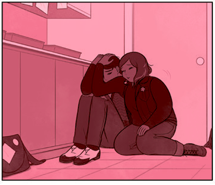 A rose-tinted panel from the comic, with Winnie and her friend slumped on the floor. She's comforting him, seemingly.