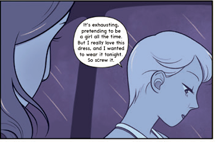 A blue-tinted panel from the volume, with Winnie's friend saying: "It's exhausting pretending to be a girl all the time. But I really love this dress, and I wanted to wear it tonight. So screw it."