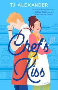 Cover of "Chef's Kiss," featuring an illustration of 2 white-seeming people wearing aprons, against a blue background