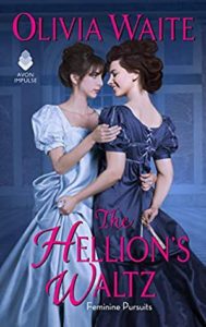 Cover of "Hellion's Waltz," featuring 2 white women standing and embracing, grinning cheekily at each other in shades of blue, against a blue background