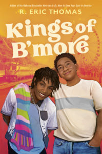 Cover of "kings of b'more," with 2 illustrated Black boys in casual clothes looking out of the frame against an orange background