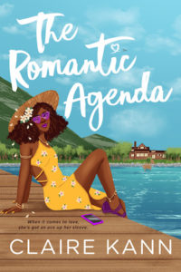 Cover of "The Romantic Agenda," featuring an illustrated Black woman in a yellow sundress and sunhat sitting on a pier by sparkling water, in front of green hills and a blue sky