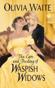 Cover of "care and feeding of waspish widows," featuring 2 white women, 1 in masc clothing, 1 in a lush yellow ballgown, embracing over one's shoulder